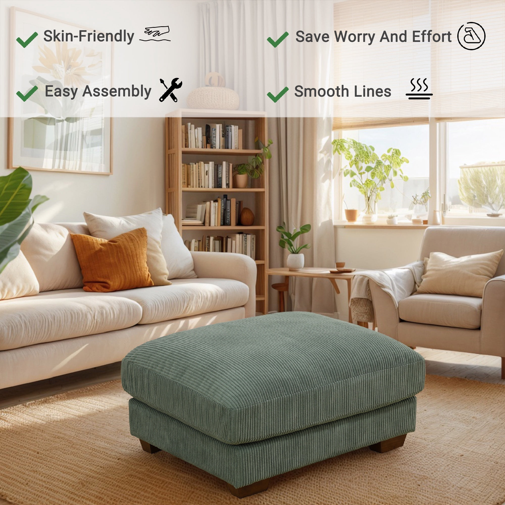 Large Oversized Ottoman Bench for Living Room, No Assembly Needed, Green Corduroy
