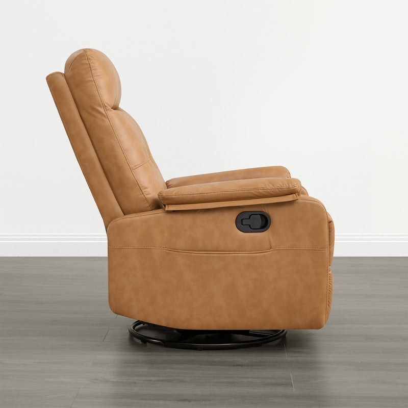 Spruce & Spring Manual Swivel Recliner Chair with Storage Pocket & Cup Holders for Living Room & Bedroom, Saddle Brown Faux Leather