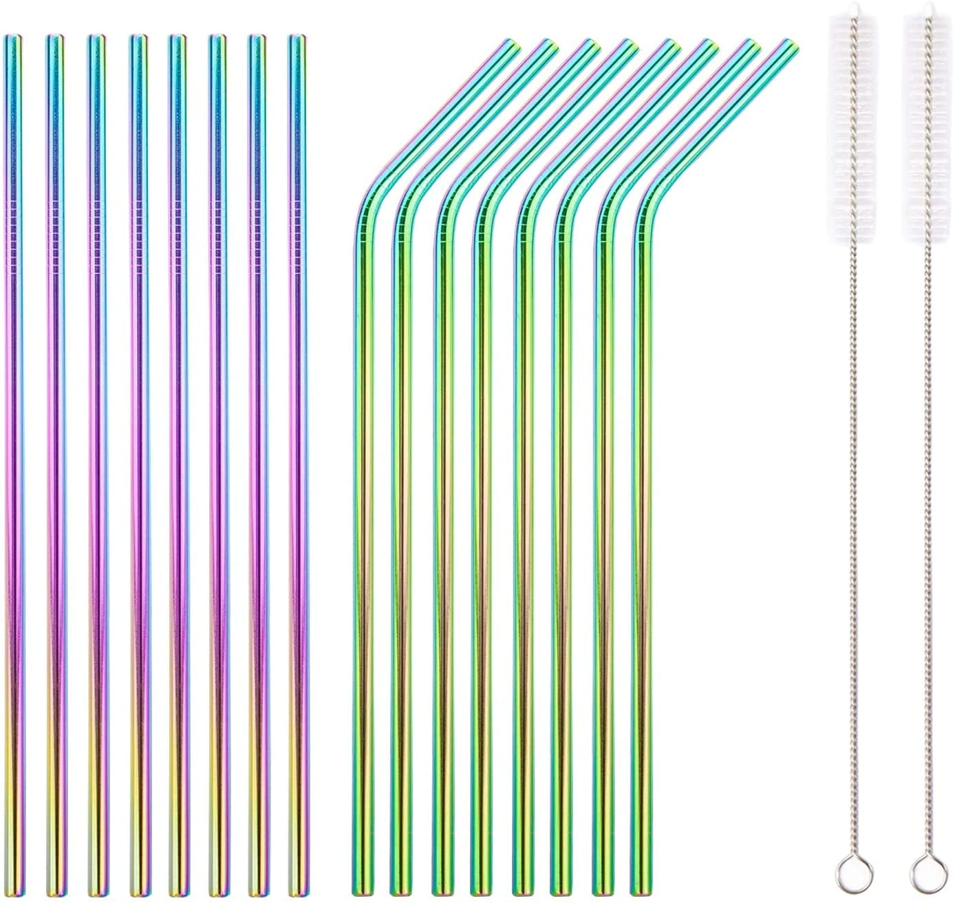 14pc Stainless Steel Drinking Straw Metal Bent Straight Straws Multi-Color Party 