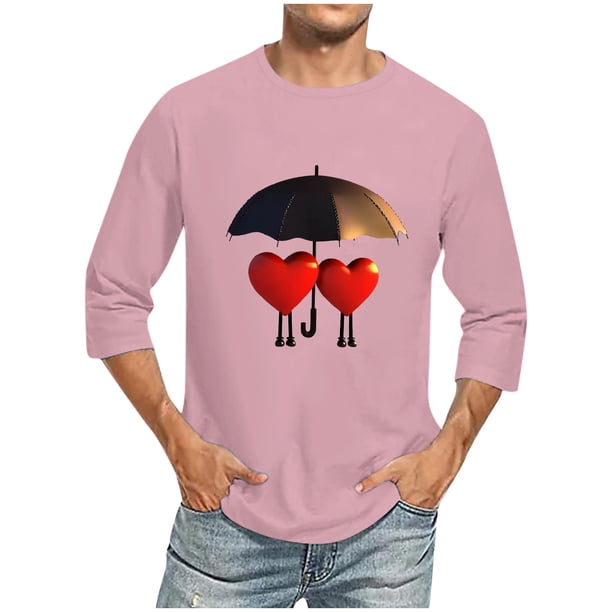 Camisas de Manga Larga para los Hombres Día de San Valentín Impresión Cuello Redondo Moda Casual, Mezcla de Poliéster de Lino de Algodón para Primavera Verano