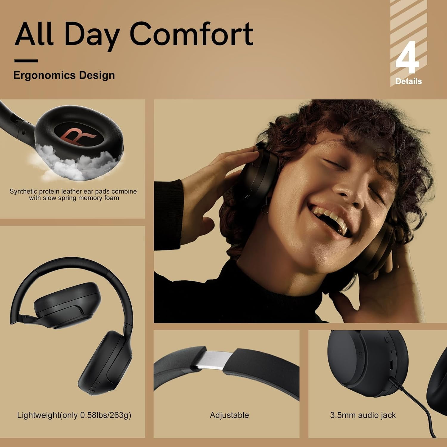 Wireless Headphones with Built-in Microphone, Over-Ear Headset Headphones,Hybrid Active Noise Cancelling Headphones, Comfort Fit Over Ear Headphones for Travel Home Office PC