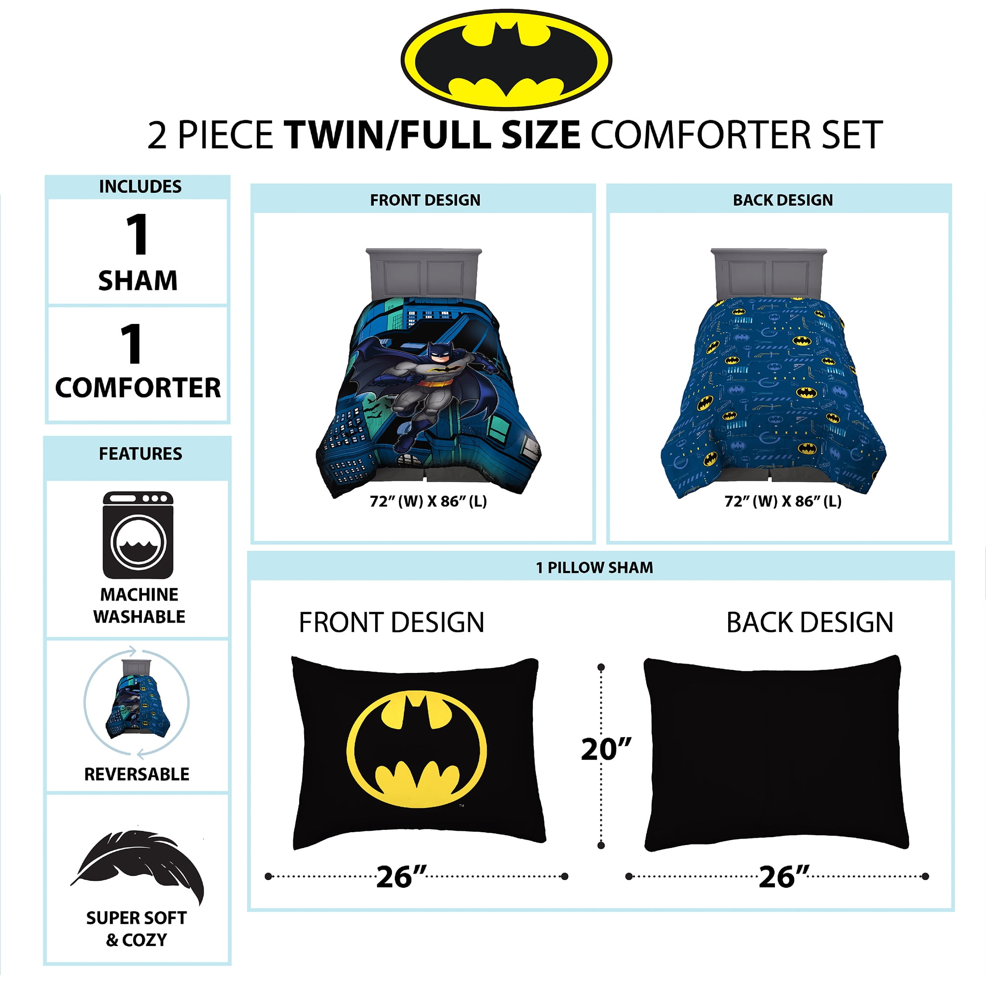 Batman Kids Comforter And Sham 2 Piece Set Twin Full Reversible Blue Warner Bros Walmart Com