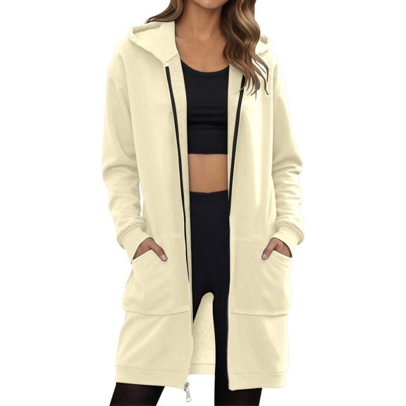 SGMVNU Women's Zip up Long Hoodies Tunic Sweatshirt Hooded Casual Long Sleeve Zipper Mid Length Jackets with Pockets(Beige, M)