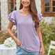 thumbnail image 4 of Camiseta de mujer con mangas cortas con volantes, doble capa, cuello en V, agujeros calados, Top informal de verano, 4 of 7