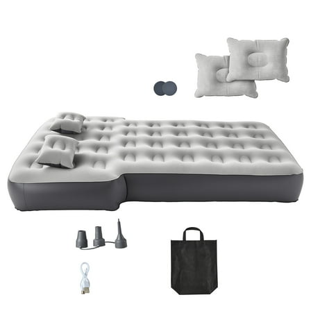 KFFKFF Inflatable Car Air Mattress, Compatible with Toyota 4runner and Jeep Wrangler, Thickened Flocking Travel Bed for Camping, Durable Portable Sleeping Pad with Built-in Pump and 2 Pillows, Gray