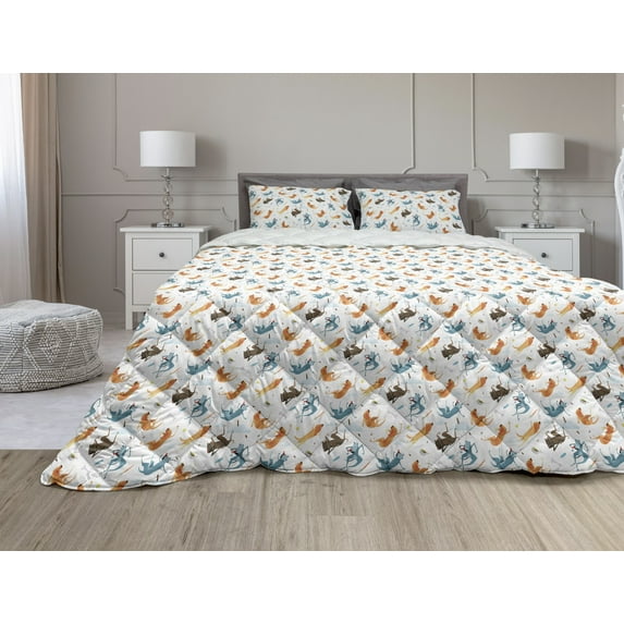 Dog Comforter & Sham Bedding Set, Funny Dogs Flying with Food Bowl and Bones Pets Companion Illustration, 3 pcs Duvet Set Microfiber Filling Quilt, 5 Sizes, Slate Blue Ginger, by Ambesonne