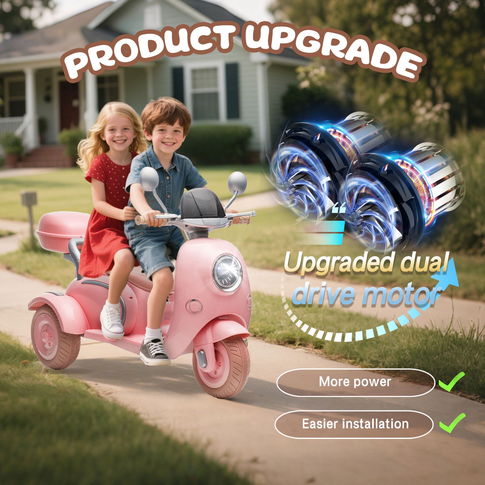 Xuanlur 12V Kids Electric Motorcycle, 3 Wheel 2 Seater Ride on Motorcycle w/Remote Control, 25W*2 Motors Electric Motorcycle w/Big Storage Box, Music, Horn, Light, Ride on Toys for Kids 3-8, Pink