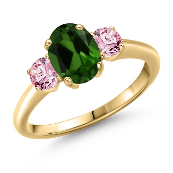 Gem Stone King 1.70 Ct Green Chrome Diopside Pink Lab Grown Diamond 18K Yellow Gold Plated Silver Ring