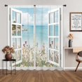 thumbnail image 4 of Ocean Beach Coastal Curtains Teal Blue Hawaiian Sea Floral Scenery Rustic Wildflower Plant Rod Pocket White Wooden Window Seascape Bedroom Living Room Treatment Fabric 2 Panels 52Wx84H Inch, 4 of 6