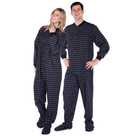 

Black & White Windowpane Lightweight Cotton Flannel Adult Footed Onesie Pajamas for Men & Women