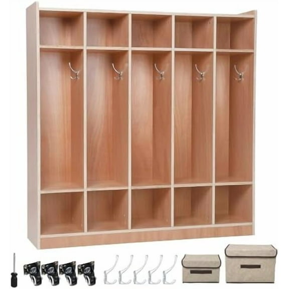 5-Section Classroom Coat Locker, 10 Cubbies for Classrooms, Daycare Cubby with 4 Hidden Wheels & 5 Hooks & 2 Storage Boxes, Cubby Storage Organizer for Kids, Kindergarten, Home, School$$Office