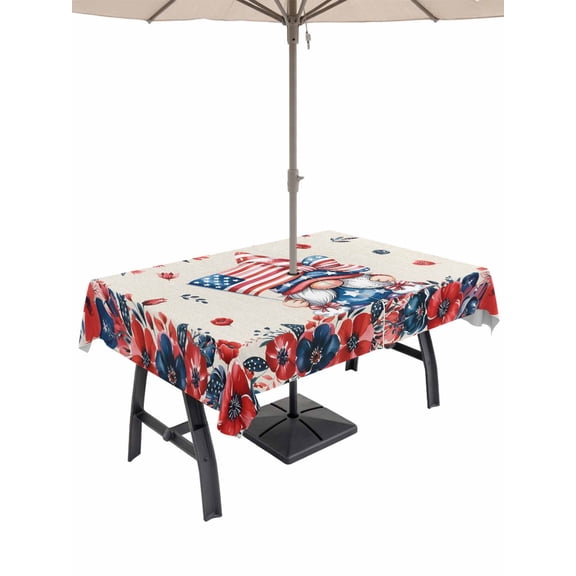 Outdoor Tablecloths with Umbrella Hole & Zipper, Independence Day 60 x102 Inch Rectangle Tablecloths, Patriotic Gnomes USA Flag Flowers Retro Waterproof Table Cloth, Patio/Pool/Picnic Table Covers