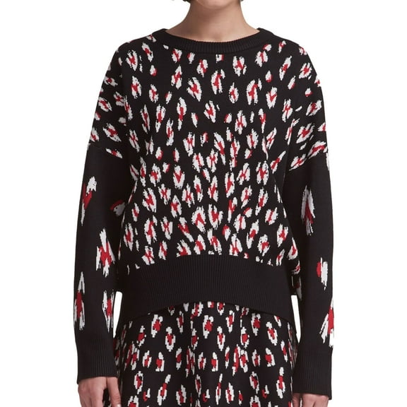 DKNY Womens Leopard Pullover Sweater, Black, X-Large