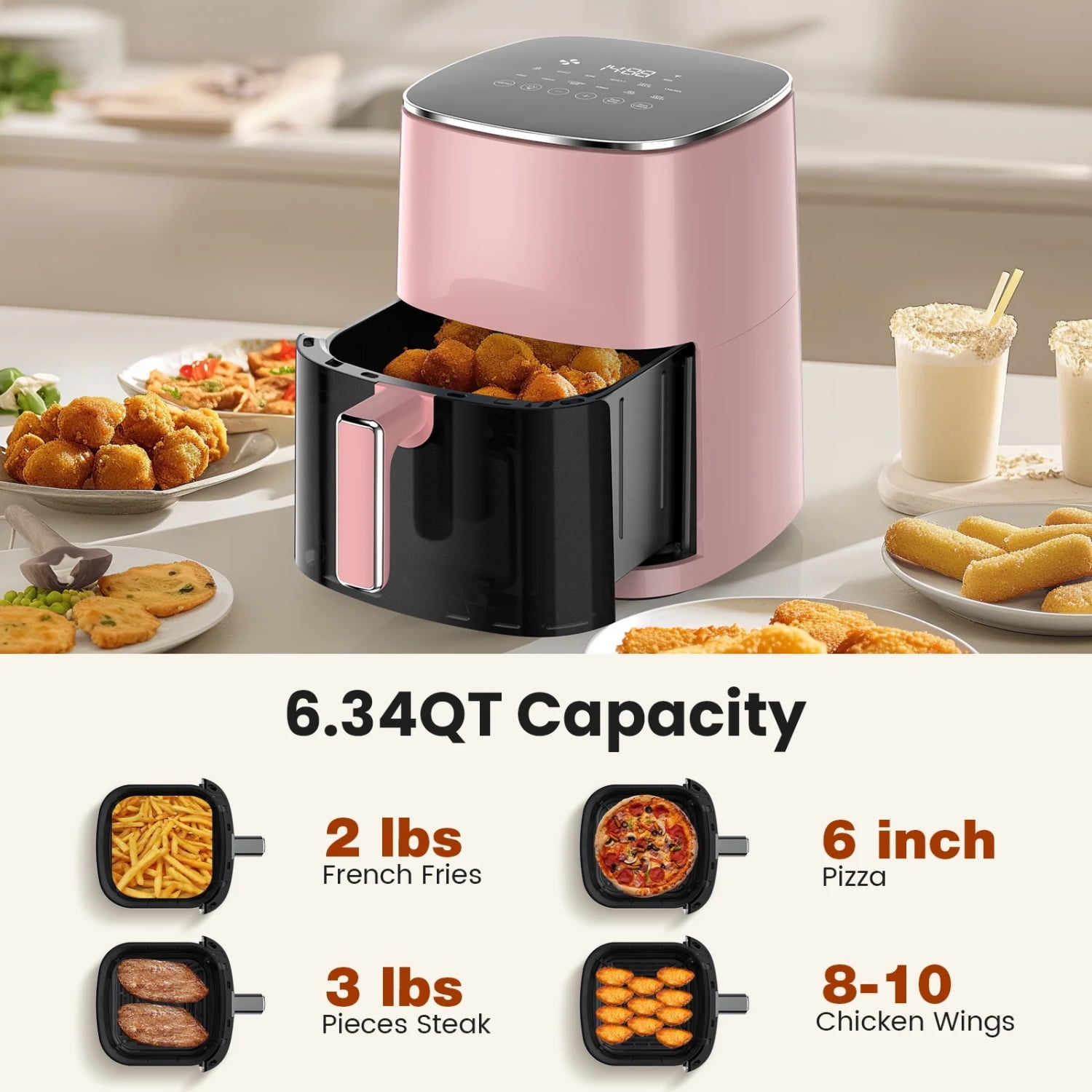 6QT Square Air Fryer with Viewing Window, 12-in-1 Digital Oven for Roast, Bake, Dehydrate, Pink
