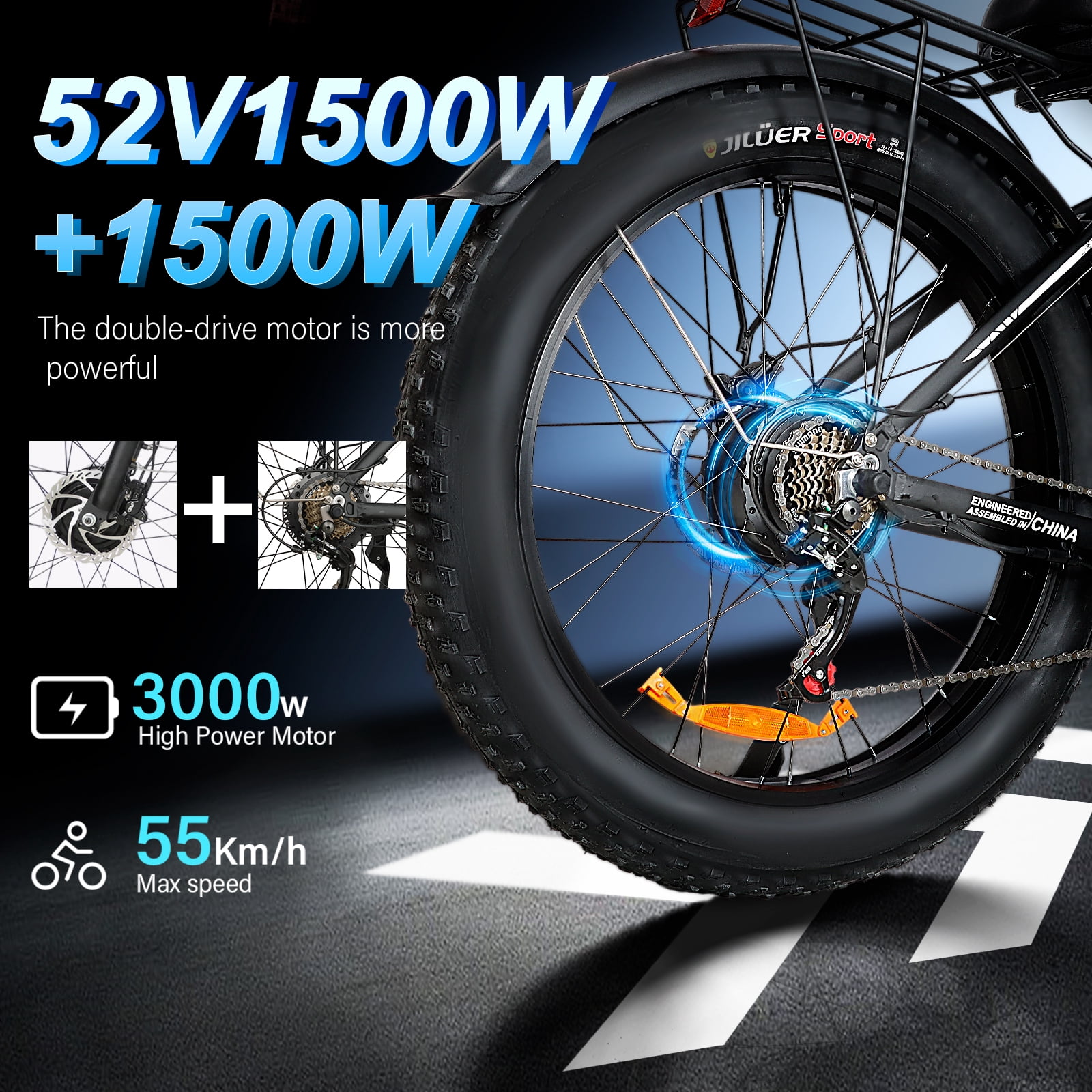 3000W Electric Bike for Adults - 26" Wide Tire Electric Mountain Bike, 52V/33Ah Battery, Max Speed 28MPH, Range 55Miles, 21-Speed, Ebikes for Snow/Muddy/Gravel/Beach/Flat/Mountain