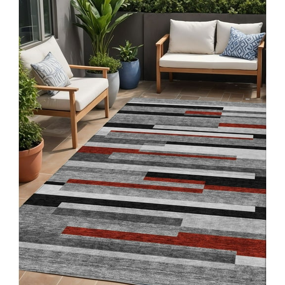 5' X 8' Gray Black And Red Striped Washable Indoor Outdoor Area Rug