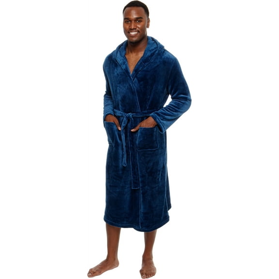 Ross Michaels Mens Robe with Hood - Soft Warm 320 GSM Mid Length Bathrobe - Plush Shawl Collar Fleece Bath Robes for Men (Navy, Large-X-Large)