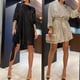 thumbnail image 2 of Vestido corto holgado con mangas largas abullonadas y lentejuelas brillantes para mujer con cinturón, 2 of 8
