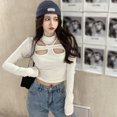 thumbnail image 4 of Clearance!Women T-Shirts O Neck Long Sleeve Hollow Out Lady T Shirt Solid Color Crop Tops Autumn Basic Tees, 4 of 5