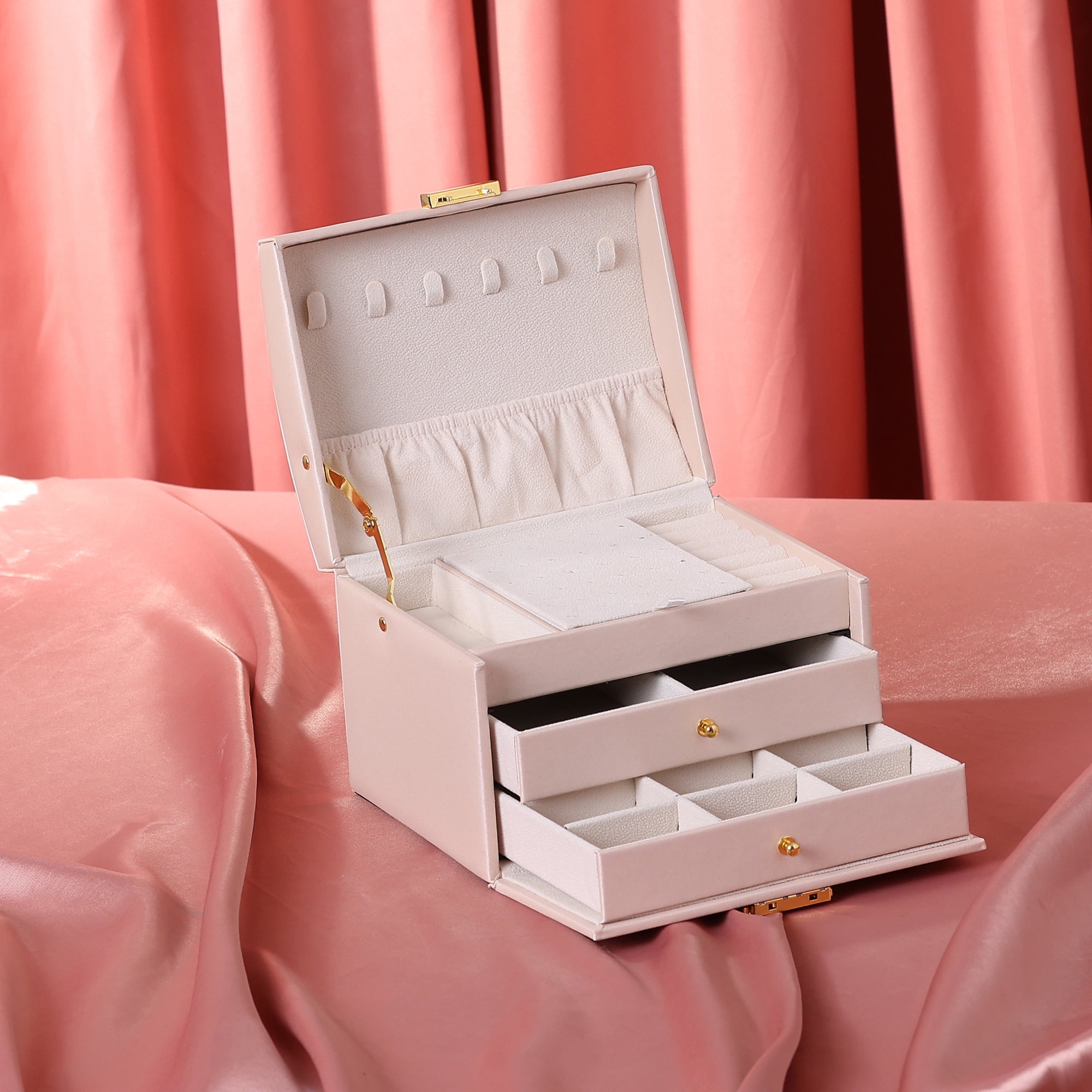 Unique Bargains 3 Layer Jewelry Box PU Leather Jewelry Organizer Case with Drawer Pink