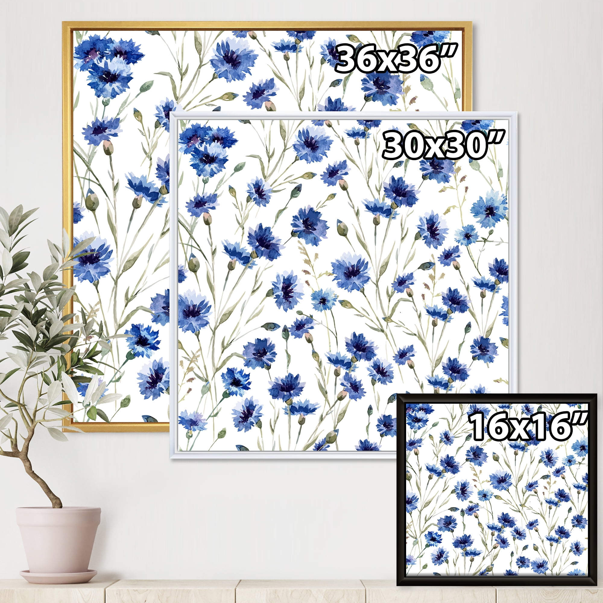Designart 'Blue Wildflowers With Green Leaves On White' Traditional Framed Canvas Wall Art Print