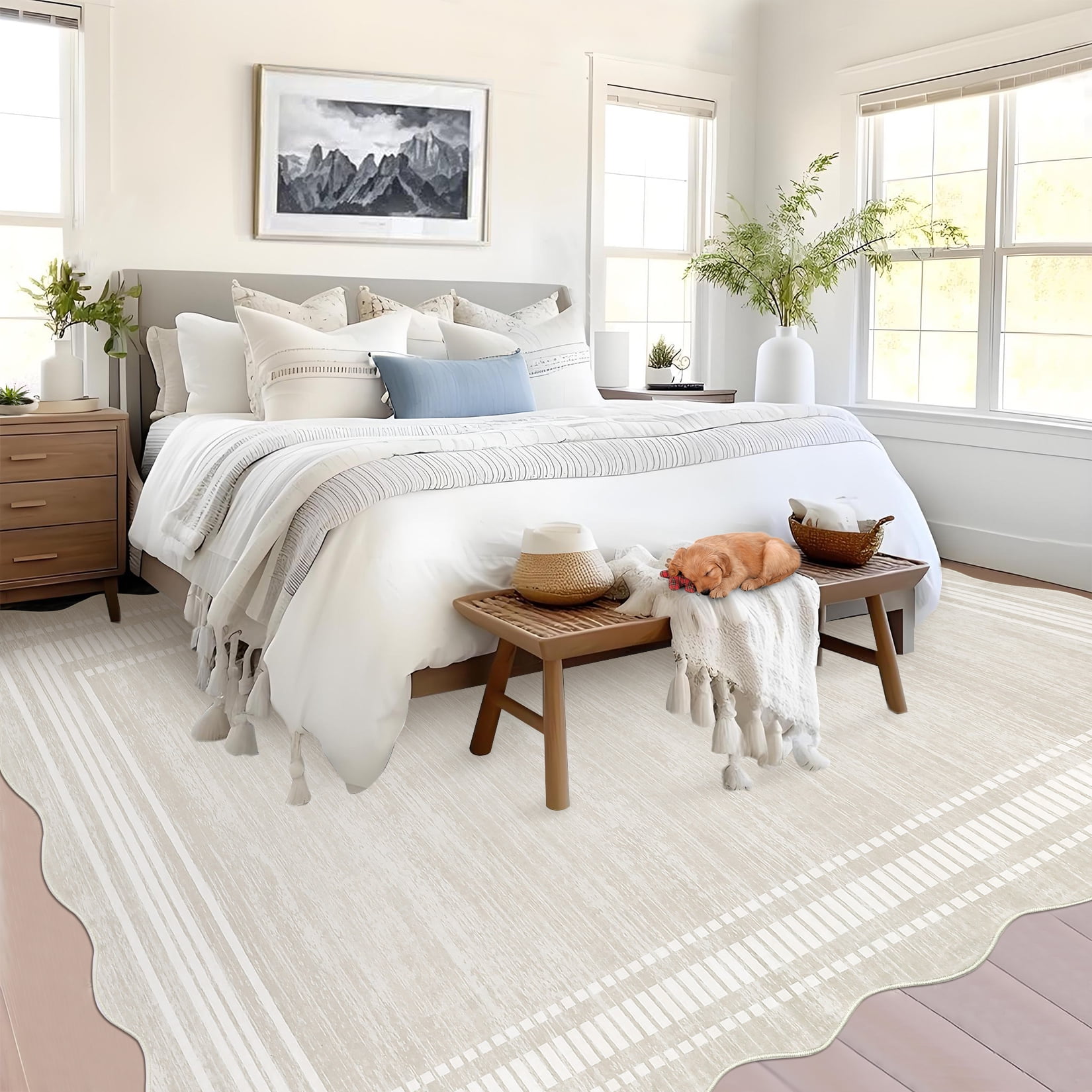 Garvee Modern Bordered Area Rugs, 8'x10' Abstract Aesthetic Soft Living Room Rug Irregular Non-Slip Low-Pile Scalloped Rugs Carpet for Bedroom Dining Room Home Office, Beige