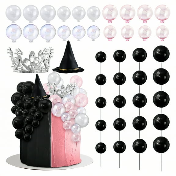 Qianfeng 42 Pcs Witch Theme Cake Topper, Halloween Birthday Cake Decorations, Black White Pink Foam Ball Crown Cupcake Toppers