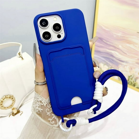 Luxury Card Slot Holder Wallet Lanyard Case For iPhone 16 15 14 Plus 12 11 13 Pro Max Soft Silicone Wrist Strap Hand Rope Cover Navy Blue For iPhone 15