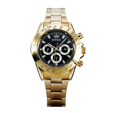 - Black Dial Chronograph Mens Mechanical Automatic Watch Gold Stainless Steel Case