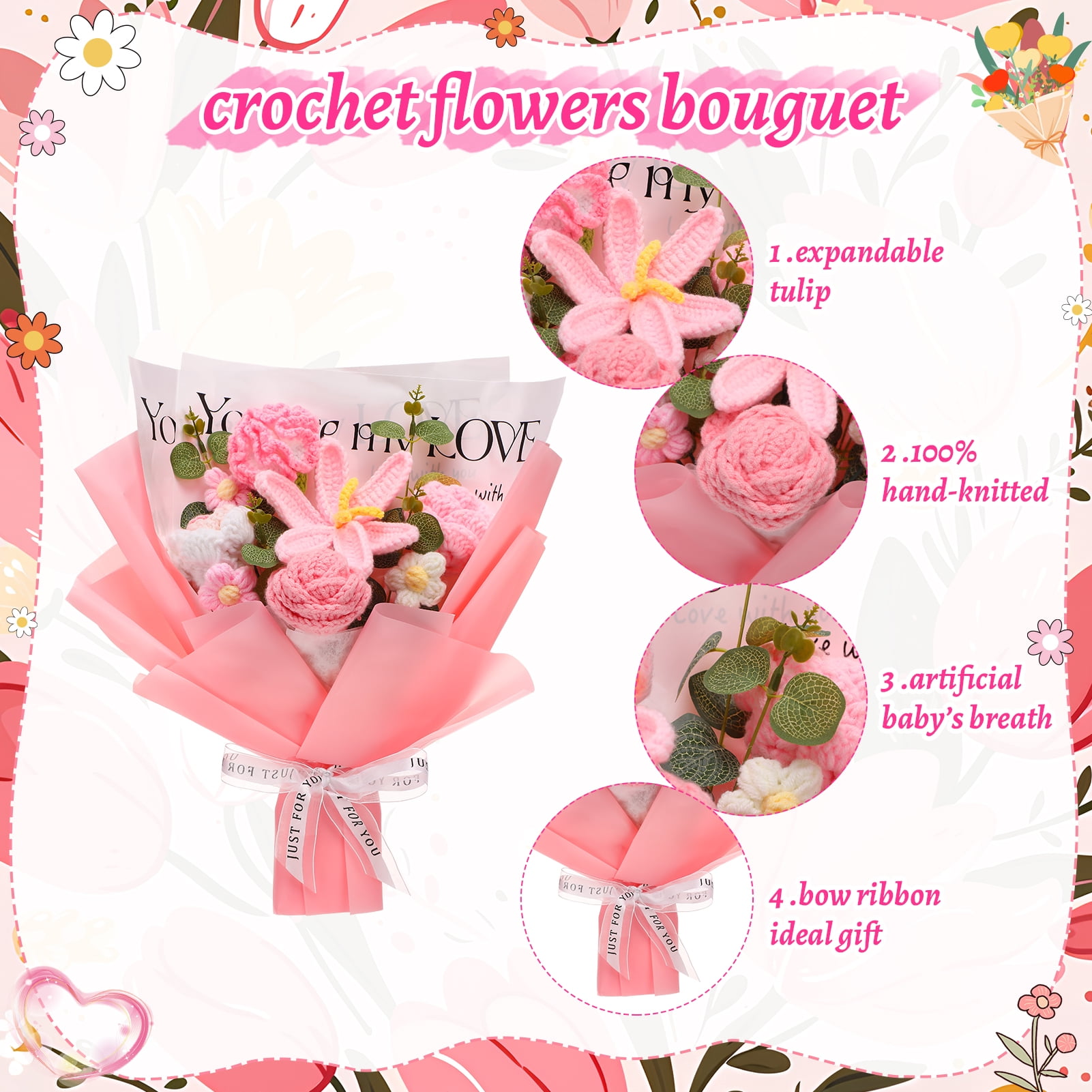 Armscye Pink Crochet Flower Bouquet, Handmade Knitted Flowers with Card, You Are My Love Bouquet, End of Year Graduation Thank You Gift for Teacher, Her, Friend, Farewell Arrangement