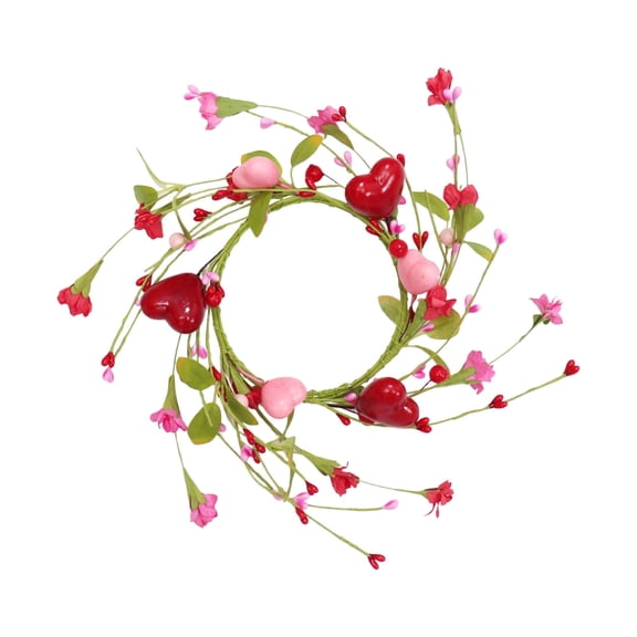 Valentine Candle Rings Wreath with Red & Pink Flowers, Heart Berry Design – Romantic Candle Holder Rings for Wedding, Table Centerpieces, Valentine's Day Decoration, Wreaths