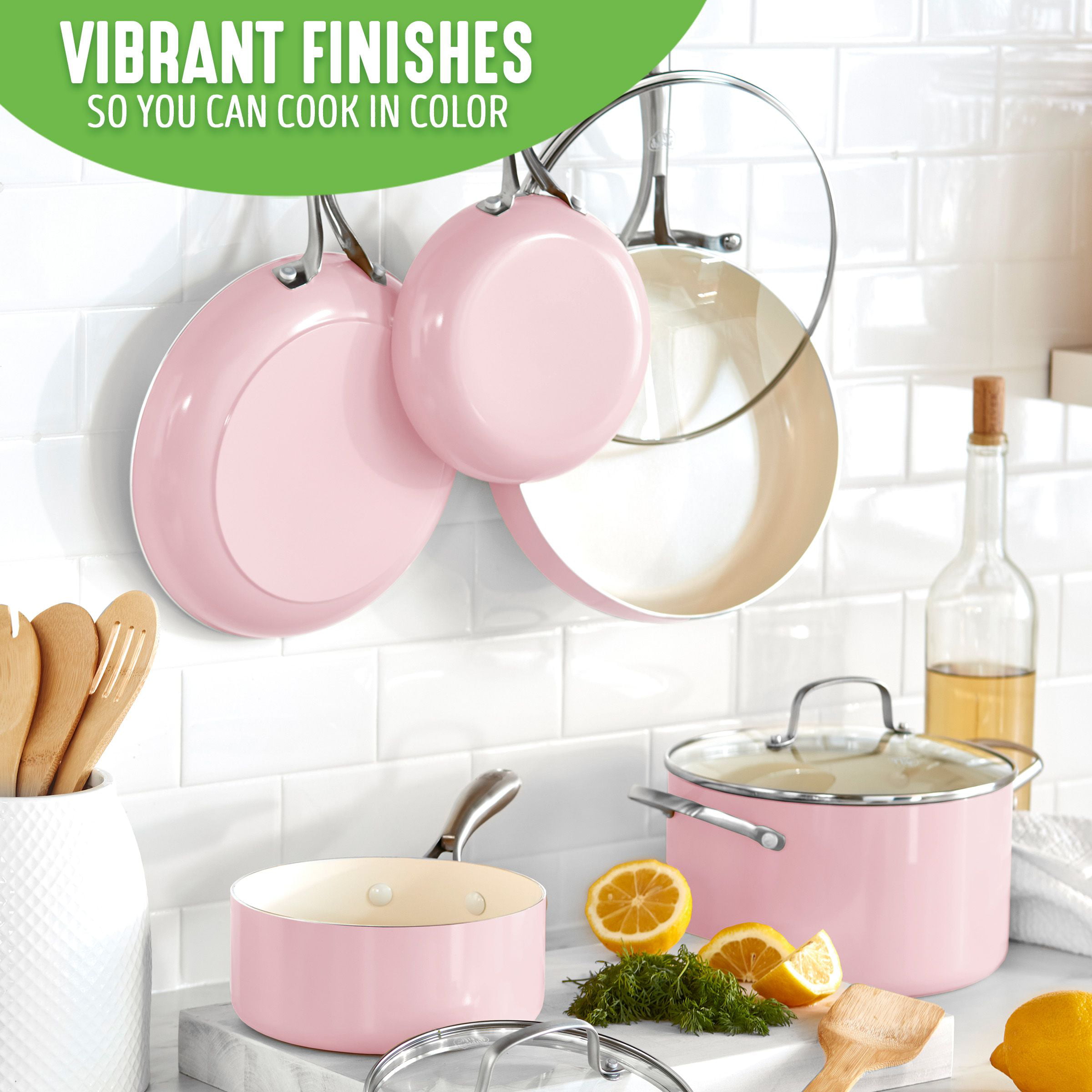 Greater Goods Savvy Ceramic Nonstick Cookware Set, 10 Piece Kit (Pink)
