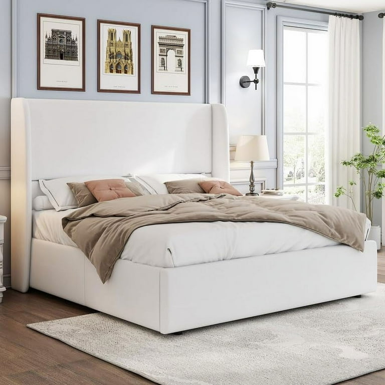 VANACC King Size Lift Up Storage Bed, Upholstered Platform Bed Frame,Modern Wingback Headboard,No Box Spring Needed,White VANACC King Size Lift Up Storage Bed, Upholstered Platform Bed Frame,Modern Wingback Headboard,No Box Spring Needed,White
