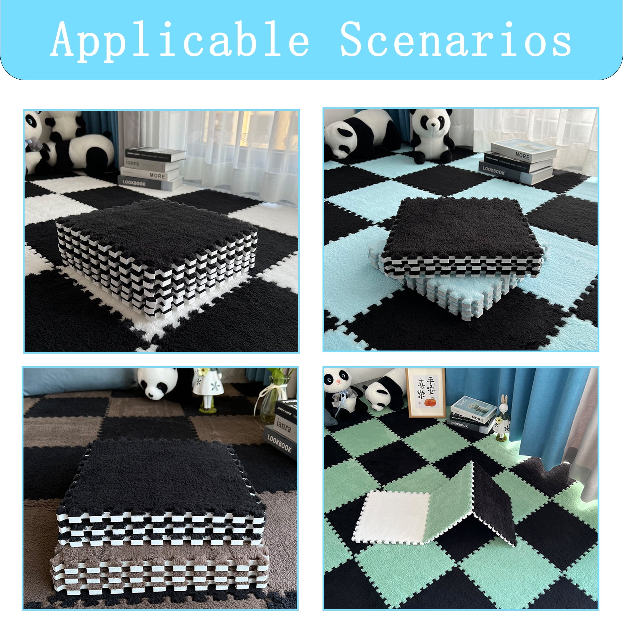 Interlocking Carpet Shaggy Soft EVA Foam Mats Fluffy Square Thickened Plush Tiles Protective Floor Tiles Exercise Play Mat for Children Kids Room Home Parlor Bedroom (Black, 12 Pcs)