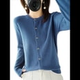 thumbnail image 3 of Suéter de Larga con Cuello Redondo de Color Liso para Mujer, Chaqueta de Punto Combinable para y Otoño Azul Neblina XXL, 3 of 8