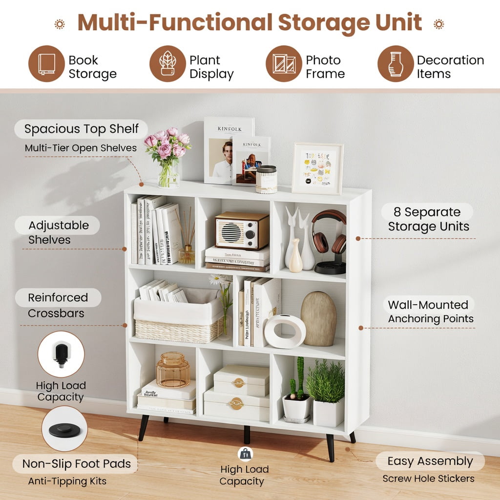 Spaco 8-Cube Bookcase - 5 Tapered Metal Legs Anti-Tip, Easy-Clean Surface, White