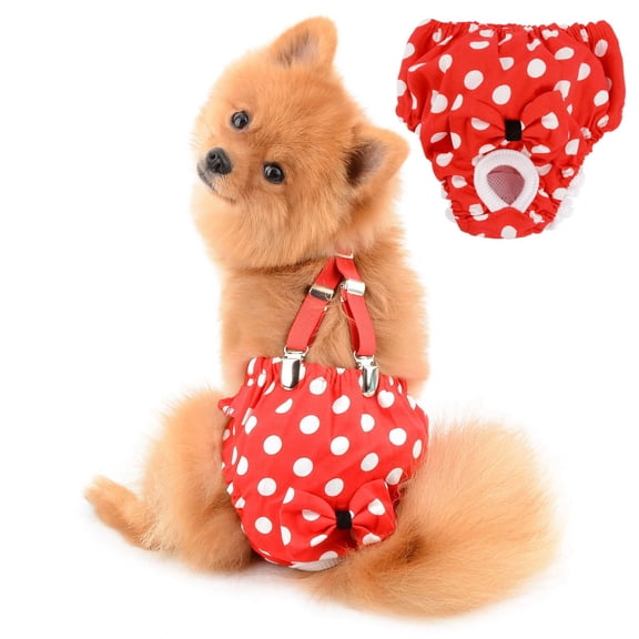 Goowood Female Dog Diapers Washable Reusable Polka Dot Sanitary Panties with Suspenders Bow Knot Belly Bands for Small Dogs Heat and Incontinence Protection
