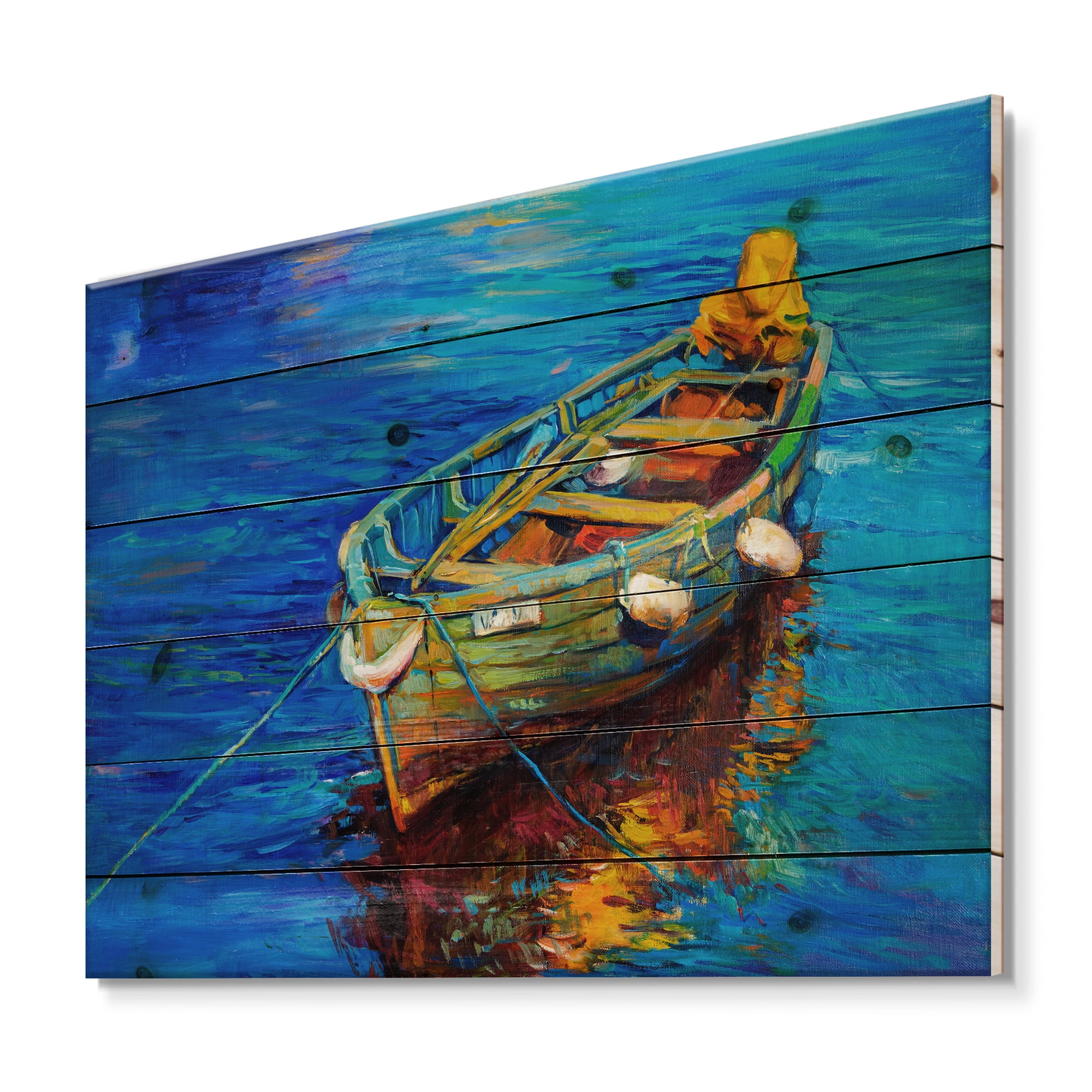 Designart 'Boats During Warm Sunset Resting On The Water IV' Nautical & Coastal Print on Natural Pine Wood