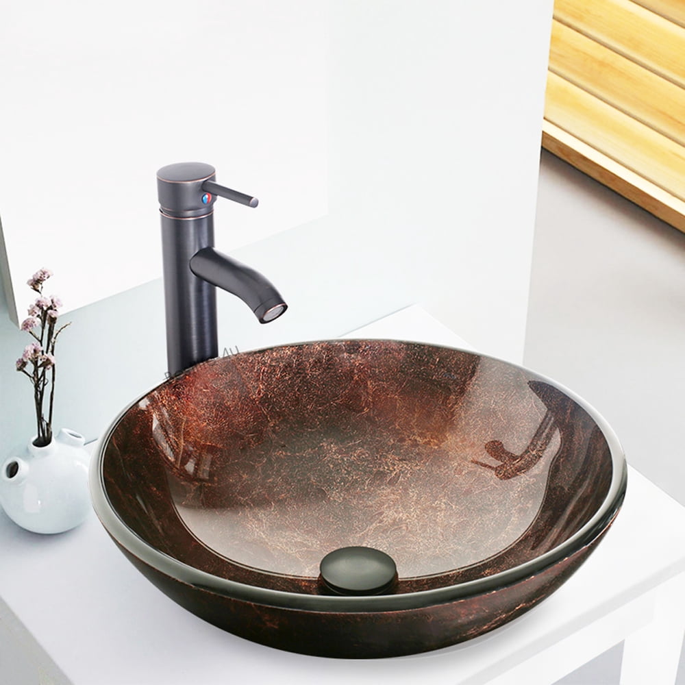 Eclife 16.5" bathroom Basin Sink Modern Round Artistic Vanity Sinks Combo with Oil Rubbed Bronze Faucet & Pop up Drain Bathroom Bowl Combo, Brown