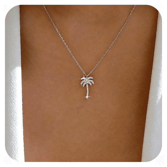 DESIGNICE Boho Crystal Palm Necklace Choker Sparkly Rhinestone Palm Tree Necklace Vintage Coconut Tree Pendant Necklace Summer Beach Tropical Necklace for Women Silver