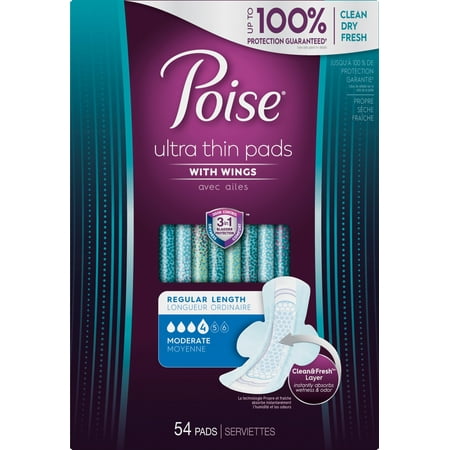 Poise Ultra Thin Moderate Absorbency Pads with Wings - Regular - 54ct