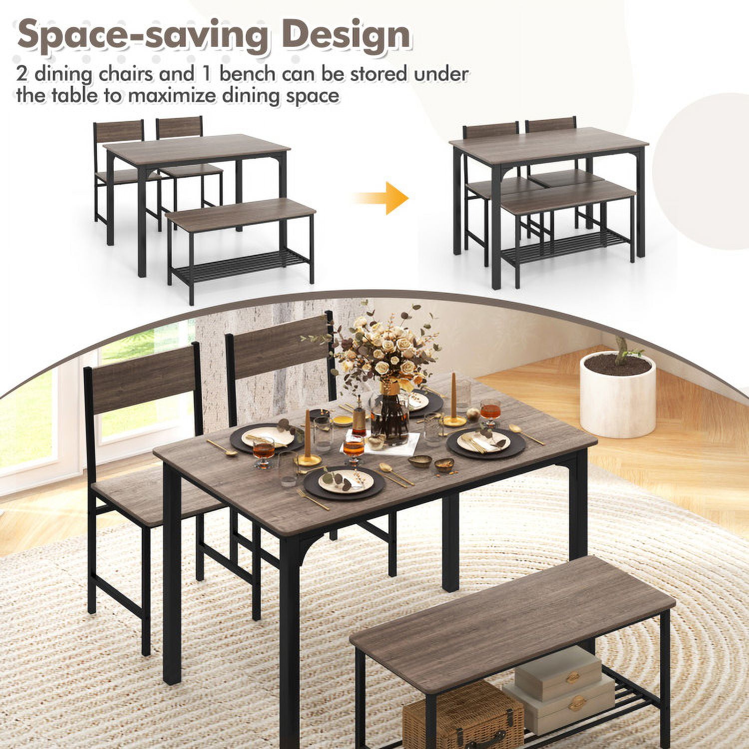 Finihen Dining Set, Dining Table Set, 4 Pieces Rustic Dining Table Set with 2 Chairs and Bench, for Home, Restaurant, Gray Finihen Dining Set, Dining Table Set, 4 Pieces Rustic Dining Table Set with 2 Chairs and Bench, for Home, Restaurant, Gray