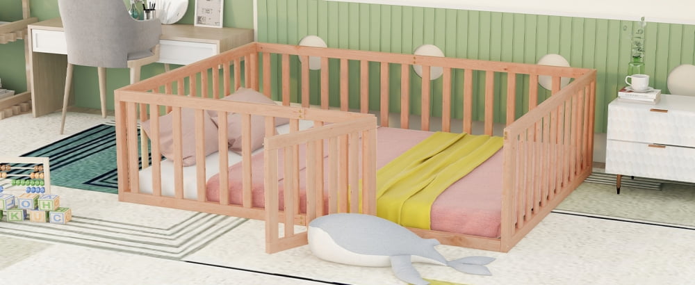 Full Size Floor Bed Frame for Kids, Solid Wood Montessori Bed Frame with Fence Rail and Door, Montessori Floor Bed Wood Full Bed Frame for Boys and Girls, Natural