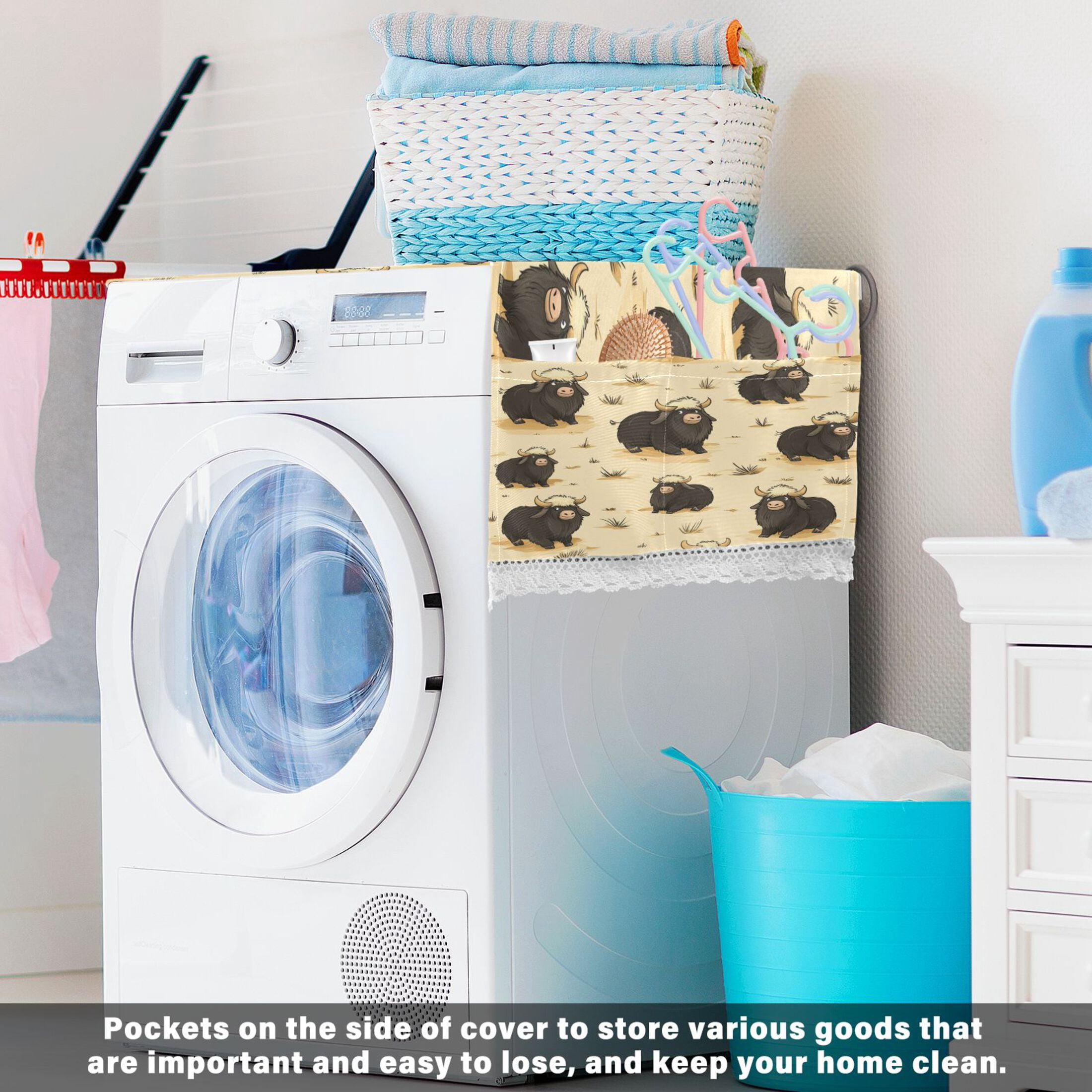 Cartoon Musk OxenWasher and Dryer Covers Dust-Proof and Oil Resistant Fridge Cover with 4 Storage Pockets Washing Machine Top Cover for Laundry Kitchen Home 51.2 x 22 In