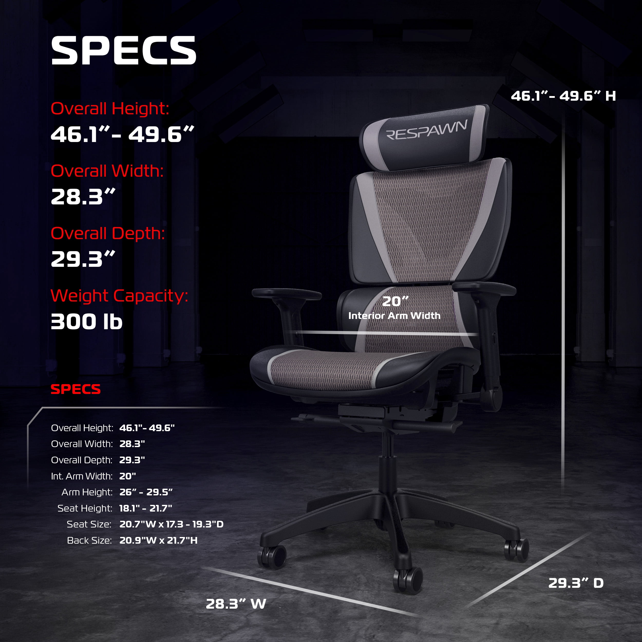 RESPAWN SPECTER Ergonomic Office Chair with Lumbar Support, Headrest, Adjustable Arms - Comfy Breathable Mesh Computer Desk Seat for Home Office, High Back Reclining Gaming Chairs for Adults - Gray