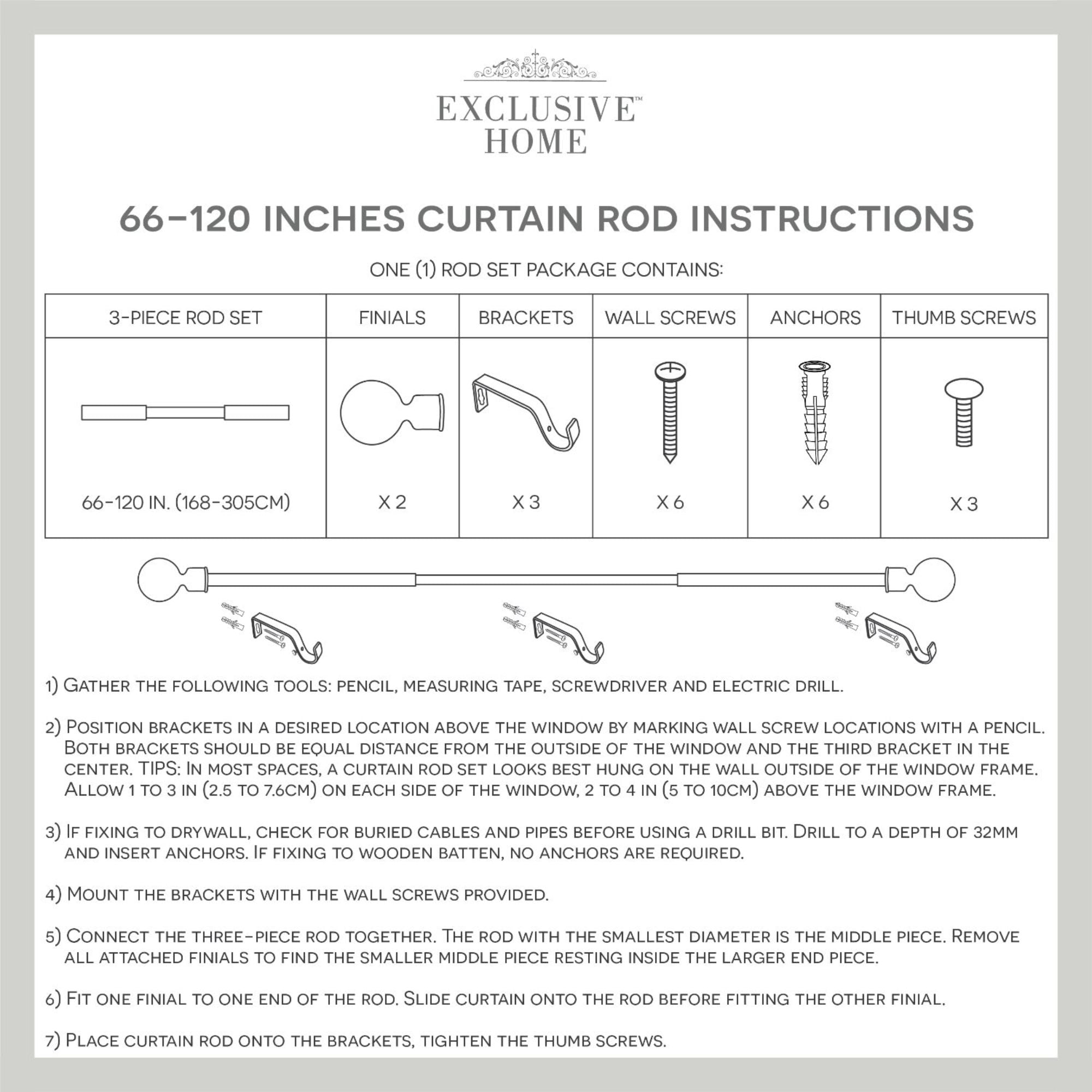 Exclusive Home Vulcan 1" Window Curtain Rod and Finial Set, Adjustable 66"-120", Matte Nickel