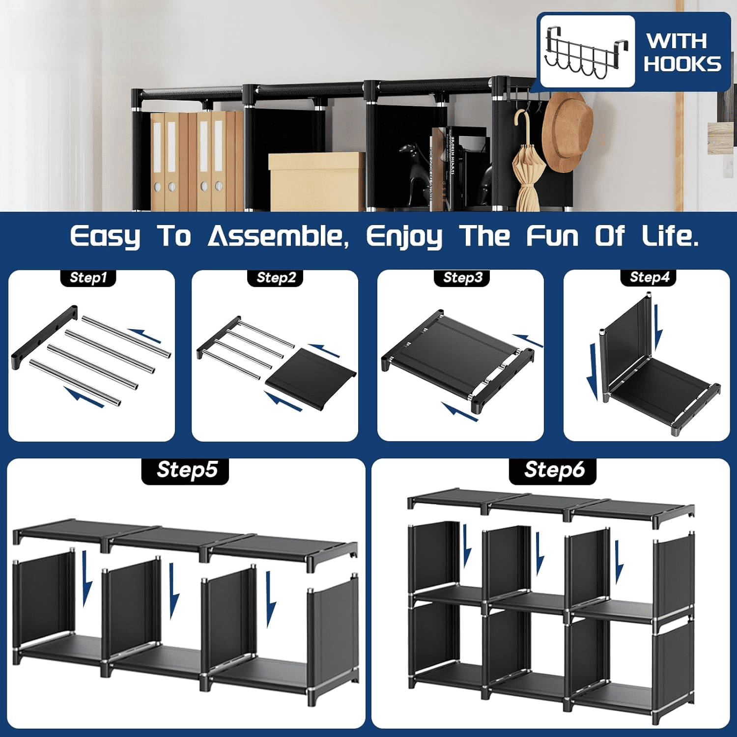 Bookcase, 18-Cube Extra Large Book Shelf, DIY Cube Storage Organizer for Bedroom, Living Room, Home Office - Black