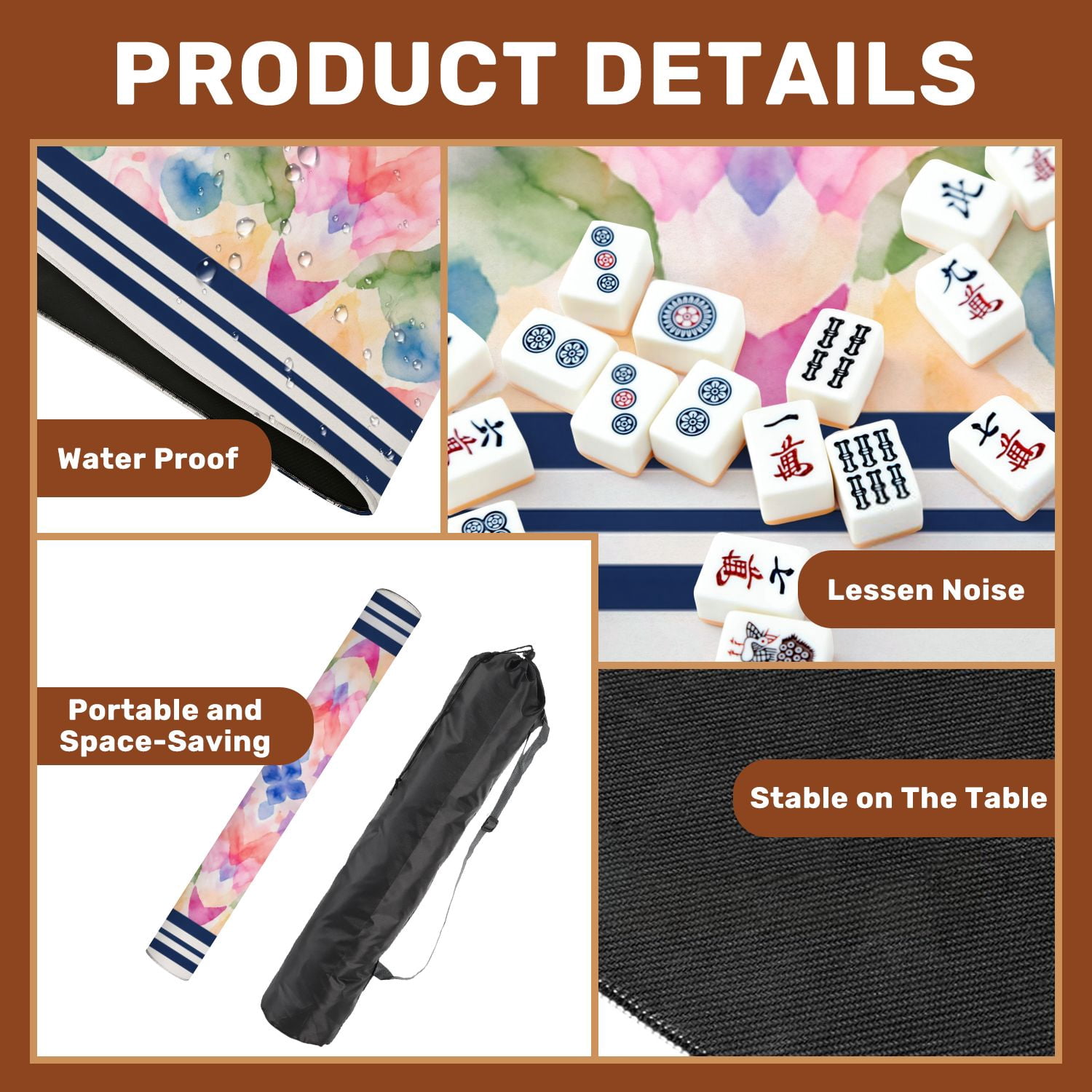 Mahjong Mat 31.5" x 31.5" Abstract Watercolor Stripes Pink Blue Yellow Tones Non-Slip Noise Reduction Mahjong Tiles Table Cover for Dominoes Poker Card Board and Tile Games