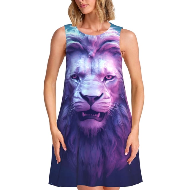 Vsdgher Robe d'Été Imprimée Tête de Lion Cool pour Femmes, Robe de Plage Décontractée Sans Manches avec Poche