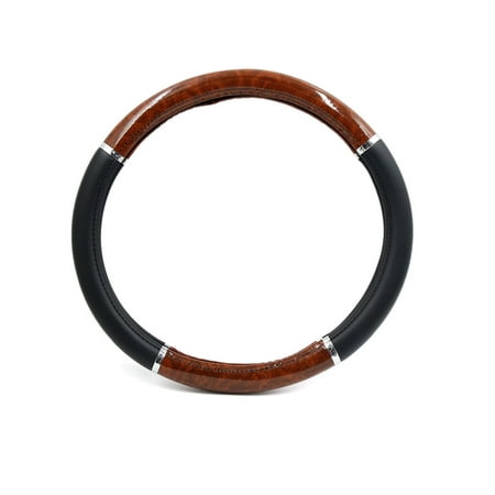 38cm Outer Dia Black Mahogany Tone Faux Leather Car Steering Wheel
